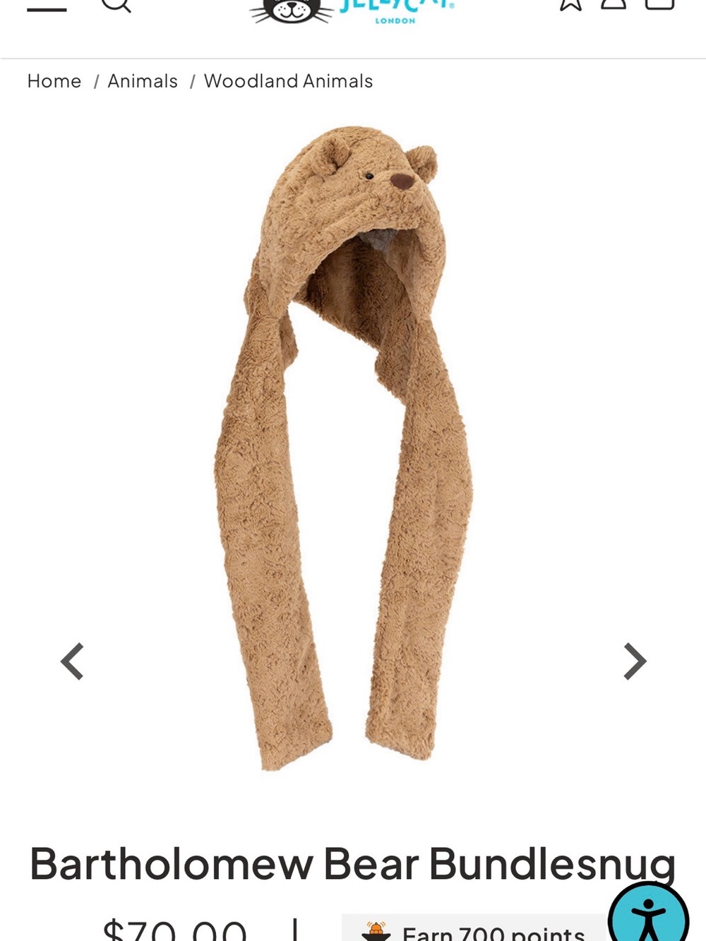 Jellycat Light Brown Bear Hooded Scarf